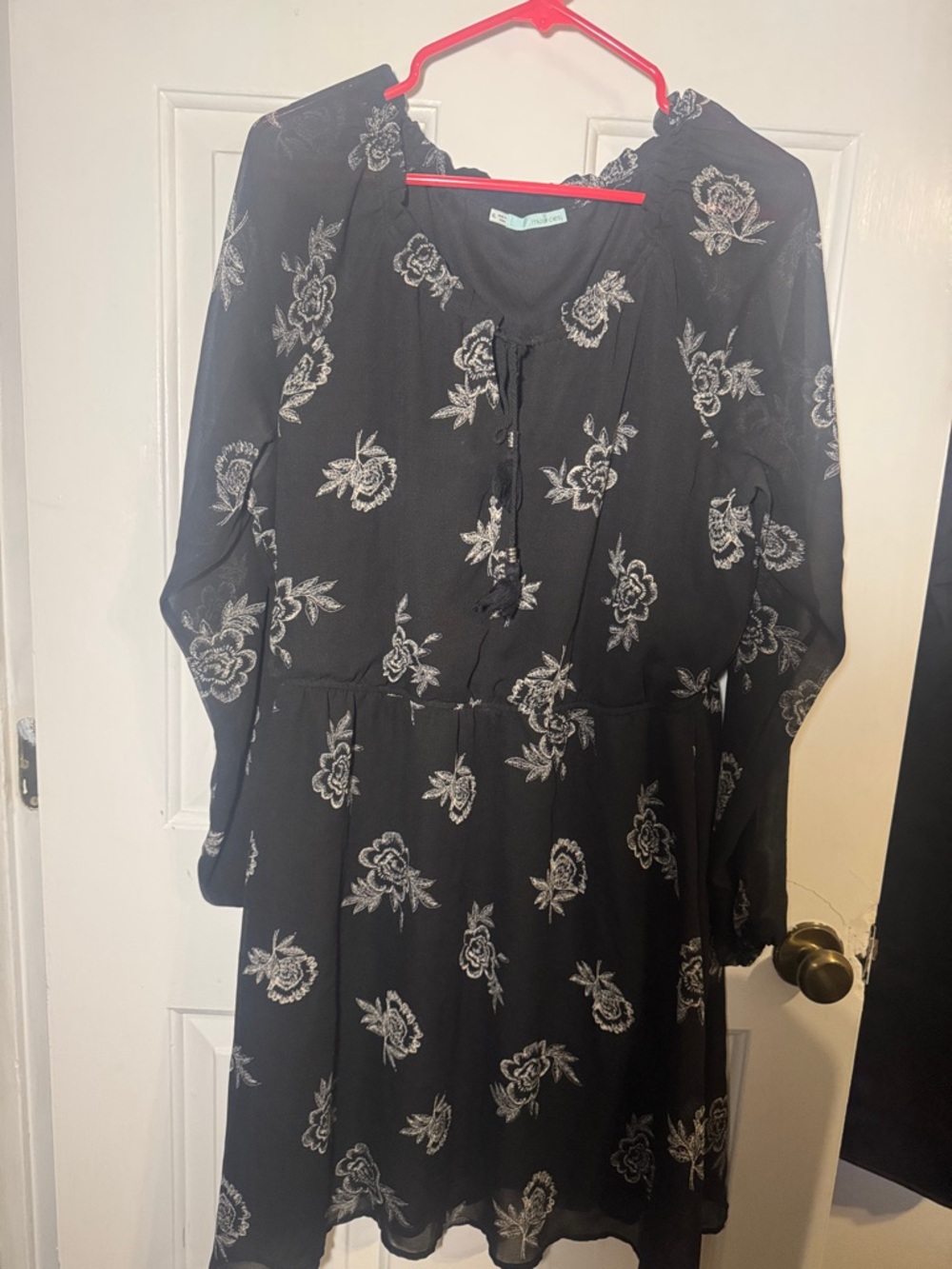 Maurices Black Floral Long Sleeve Peasant Dress